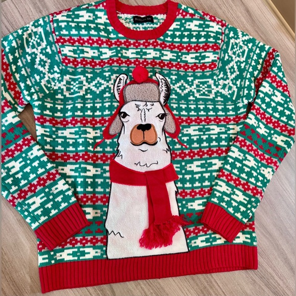 Cozy Llama Holiday Sweater - Red and Green - Picture 1 of 7